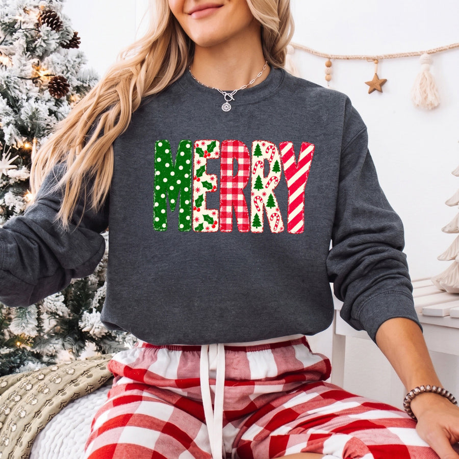 May include a Merry Crewneck Christmas Sweatshirt featuring a festive holiday statement design, classic pullover style, and seasonal apparel for Christmas parties, family gatherings, winter outfits, and holiday gifting.