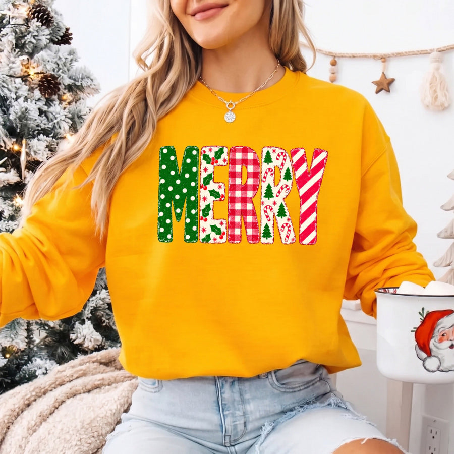 May include a Merry Crewneck Christmas Sweatshirt featuring a festive holiday statement design, classic pullover style, and seasonal apparel for Christmas parties, family gatherings, winter outfits, and holiday gifting.