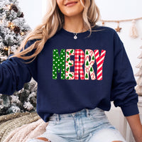 May include a Merry Crewneck Christmas Sweatshirt featuring a festive holiday statement design, classic pullover style, and seasonal apparel for Christmas parties, family gatherings, winter outfits, and holiday gifting.