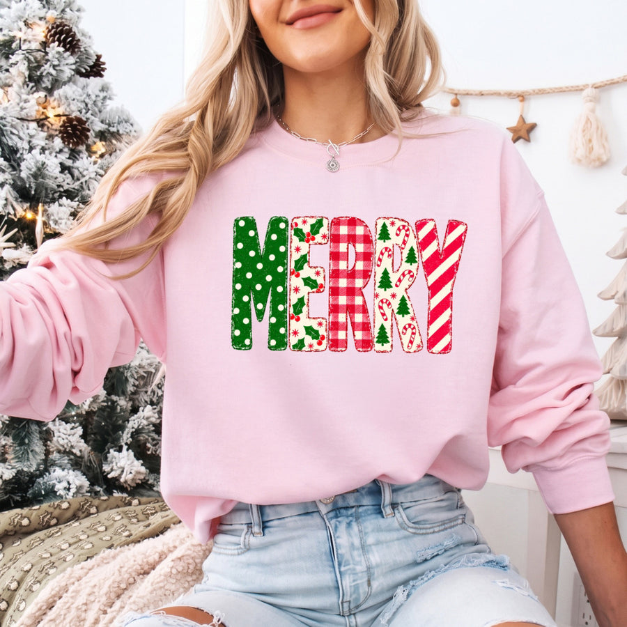 May include a Merry Crewneck Christmas Sweatshirt featuring a festive holiday statement design, classic pullover style, and seasonal apparel for Christmas parties, family gatherings, winter outfits, and holiday gifting.