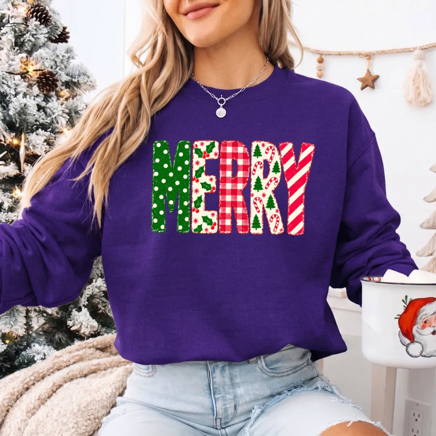 May include a Merry Crewneck Christmas Sweatshirt featuring a festive holiday statement design, classic pullover style, and seasonal apparel for Christmas parties, family gatherings, winter outfits, and holiday gifting.