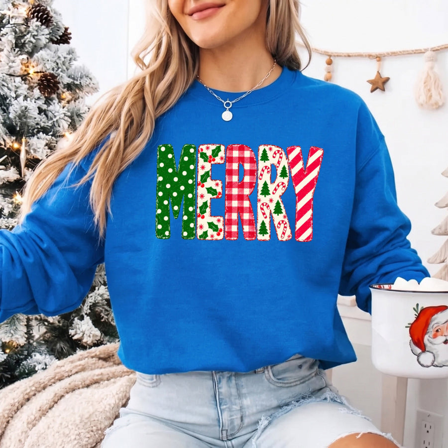 May include a Merry Crewneck Christmas Sweatshirt featuring a festive holiday statement design, classic pullover style, and seasonal apparel for Christmas parties, family gatherings, winter outfits, and holiday gifting.
