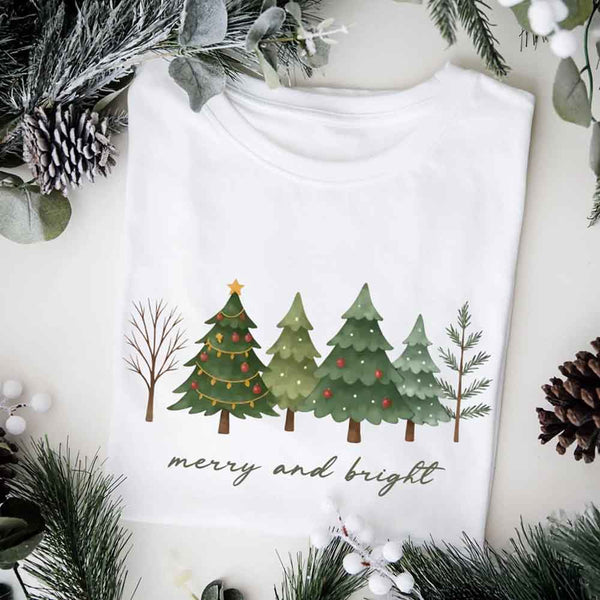 May include women’s holiday Christmas shirt with Merry & Bright tree design, festive tee for holiday parties and gatherings.