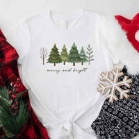 May include women’s holiday Christmas shirt with Merry & Bright tree design, festive tee for holiday parties and gatherings.
