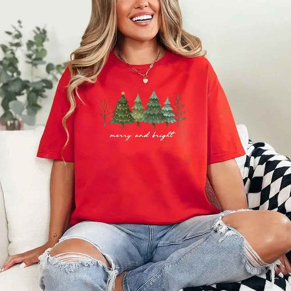 May include women’s holiday Christmas shirt with Merry & Bright tree design, festive tee for holiday parties and gatherings.