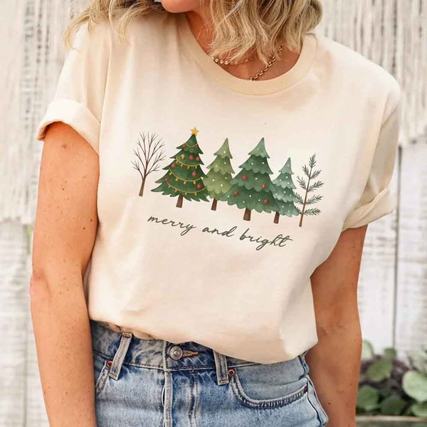 May include women’s holiday Christmas shirt with Merry & Bright tree design, festive tee for holiday parties and gatherings.