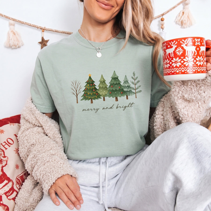 Merry & Bright Trees Comfort Colors Christmas T-Shirt