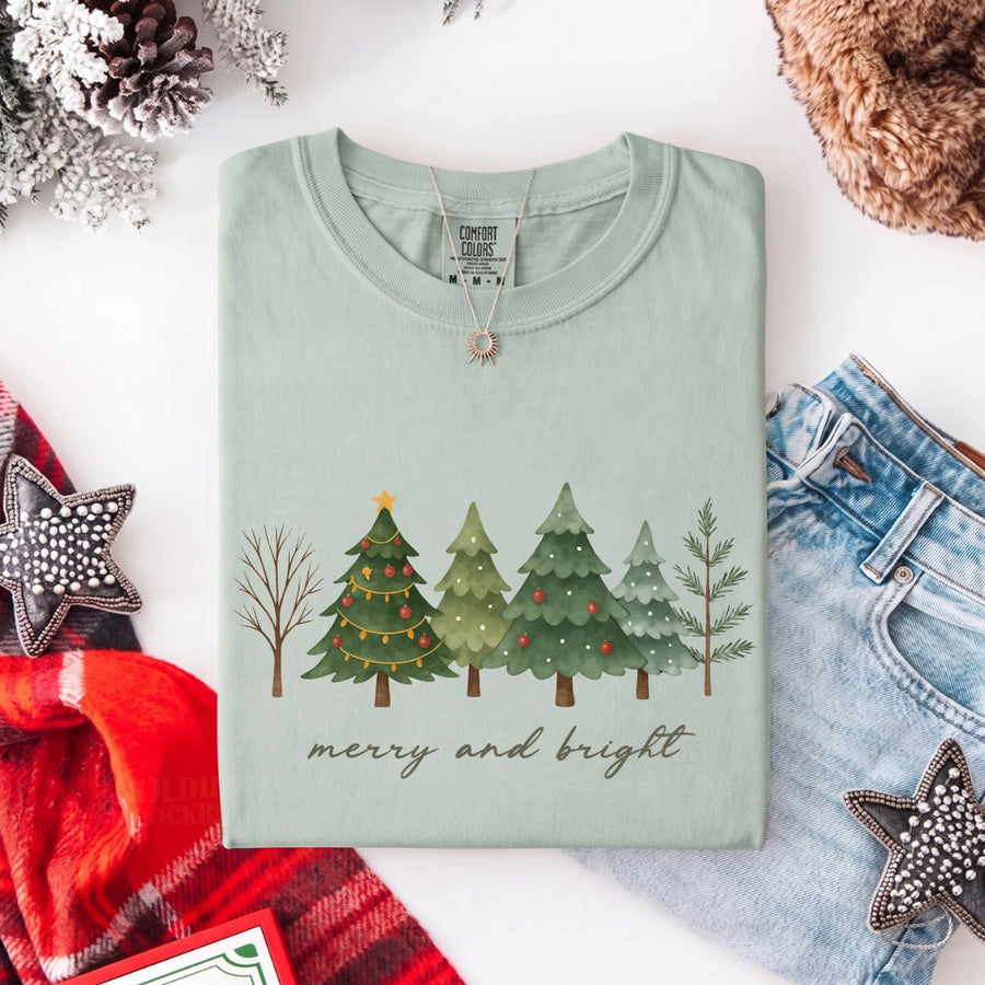 Merry & Bright Trees Comfort Colors Christmas T-Shirt