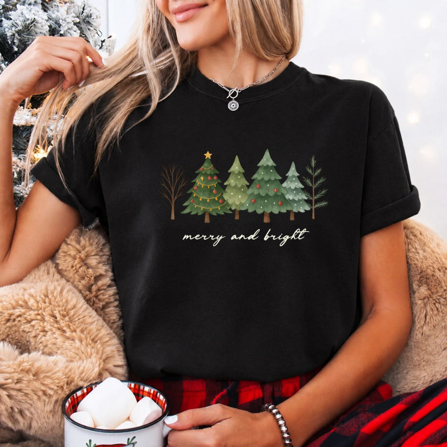 Merry & Bright Trees Comfort Colors Christmas T-Shirt