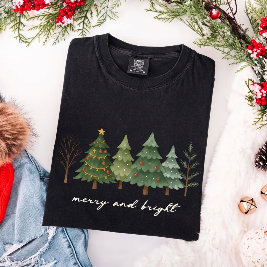 Merry & Bright Trees Comfort Colors Christmas T-Shirt