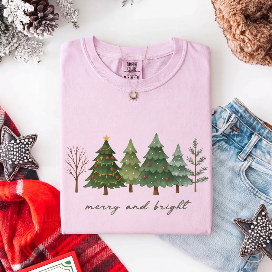 Merry & Bright Trees Comfort Colors Christmas T-Shirt