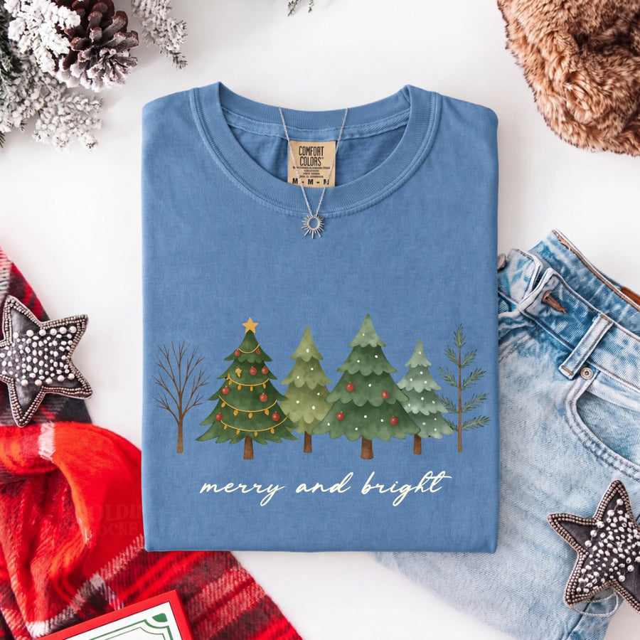 Merry & Bright Trees Comfort Colors Christmas T-Shirt