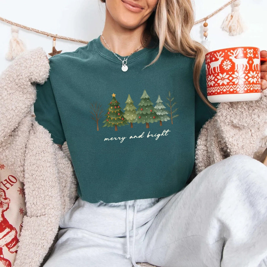 Merry & Bright Trees Comfort Colors Christmas T-Shirt