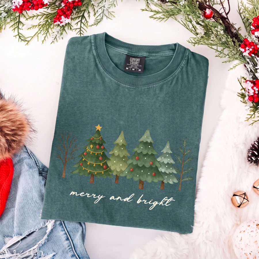 Merry & Bright Trees Comfort Colors Christmas T-Shirt
