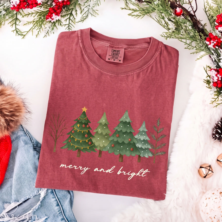 Merry & Bright Trees Comfort Colors Christmas T-Shirt