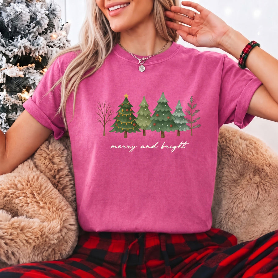 Merry & Bright Trees Comfort Colors Christmas T-Shirt