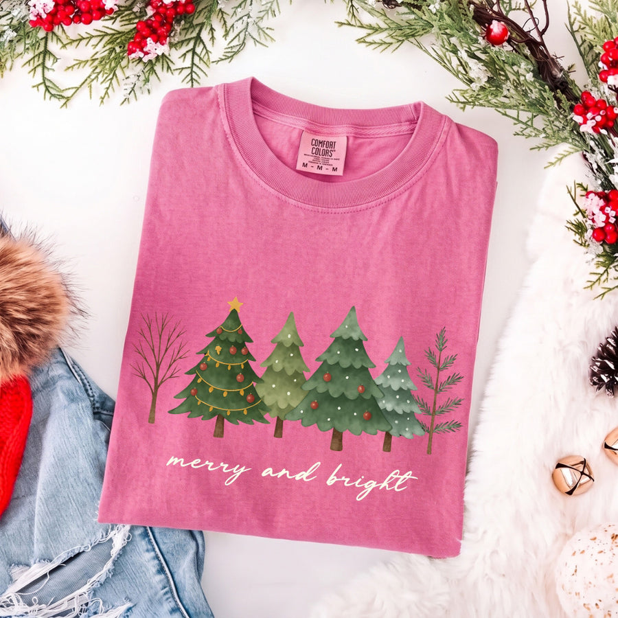 Merry & Bright Trees Comfort Colors Christmas T-Shirt