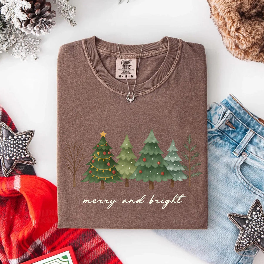Merry & Bright Trees Comfort Colors Christmas T-Shirt