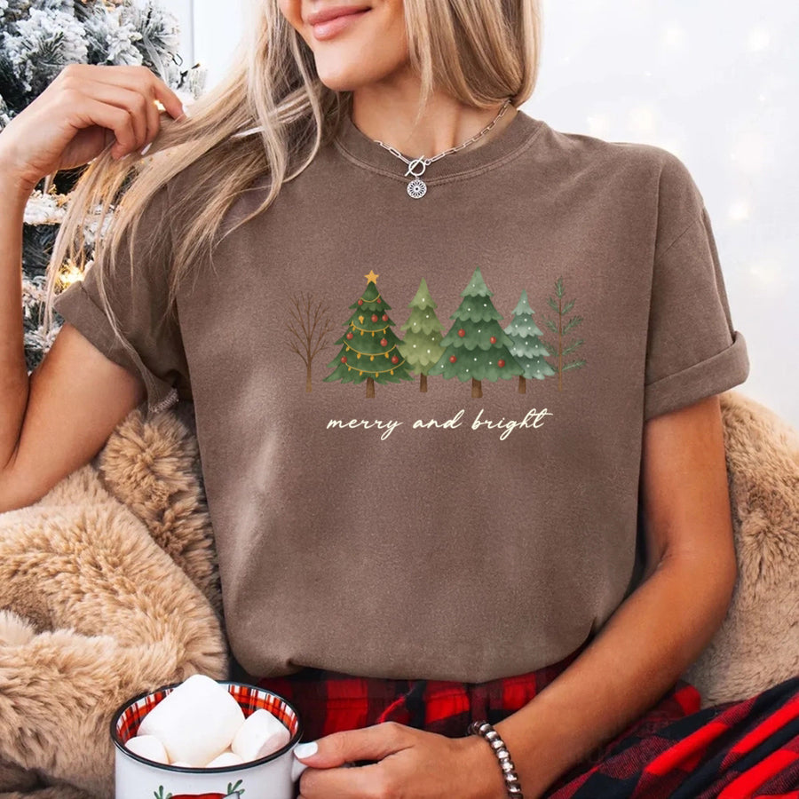 Merry & Bright Trees Comfort Colors Christmas T-Shirt