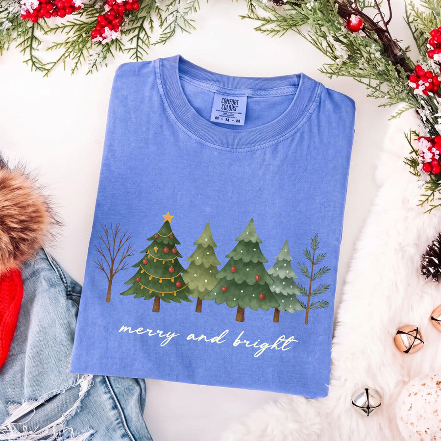 Merry & Bright Trees Comfort Colors Christmas T-Shirt