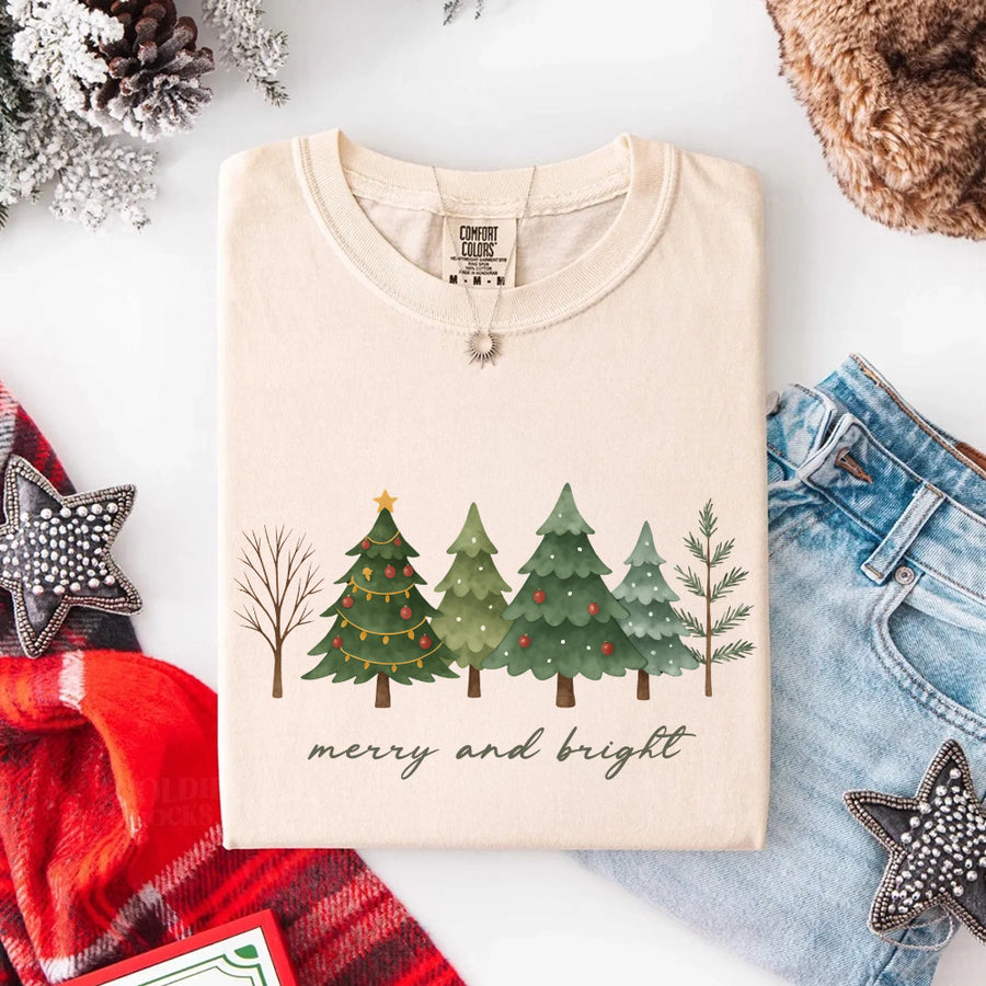 Merry & Bright Trees Comfort Colors Christmas T-Shirt