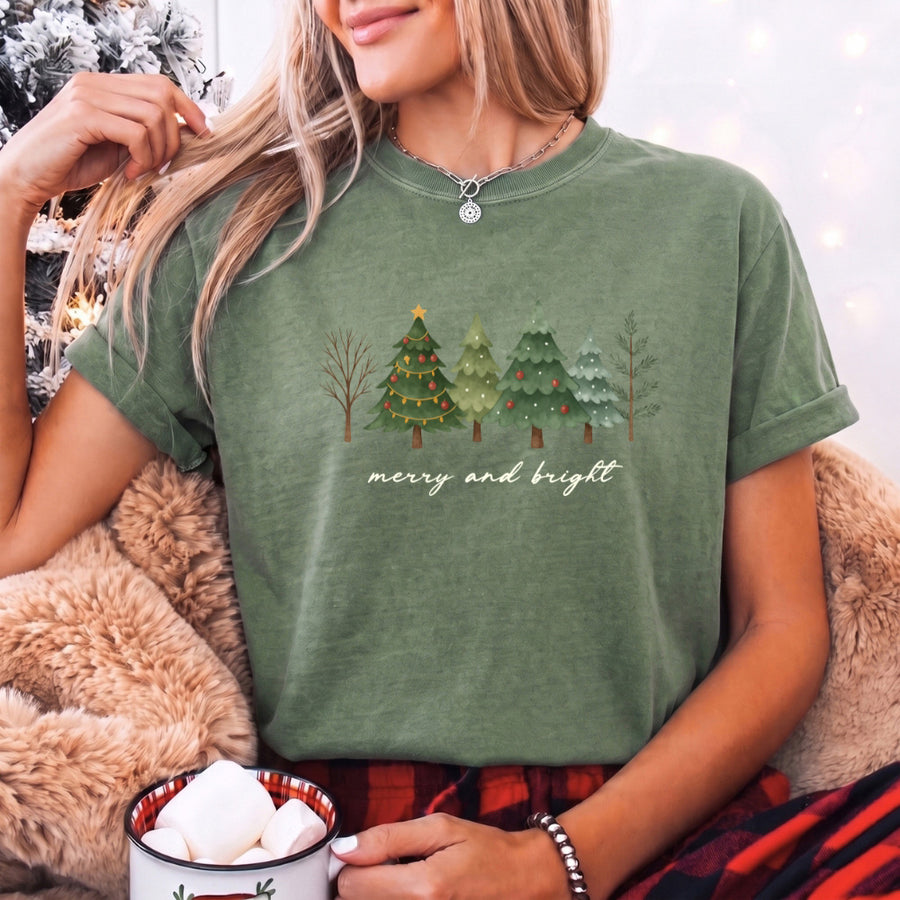 Merry & Bright Trees Comfort Colors Christmas T-Shirt