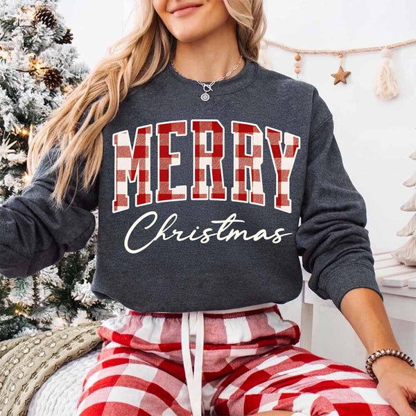 Merry Christmas Sweatshirt - Buffalo Plaid Crewneck