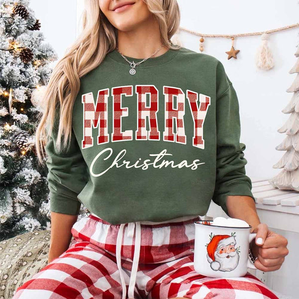 Merry Christmas Sweatshirt - Buffalo Plaid Crewneck