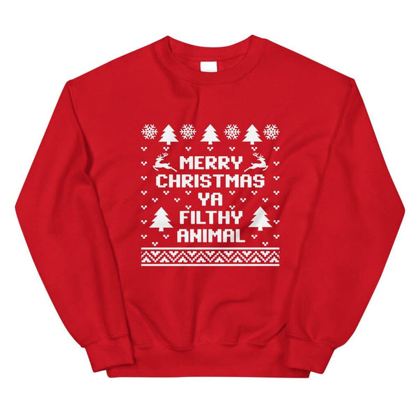 May include a Merry Christmas Ya Filthy Animal sweatshirt laid flat to show the holiday print clearly on the front.