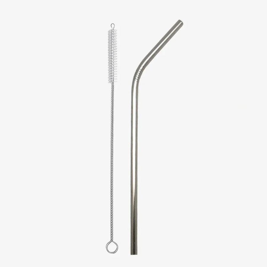 Bent stainless steel straw with cleaning brush on white background