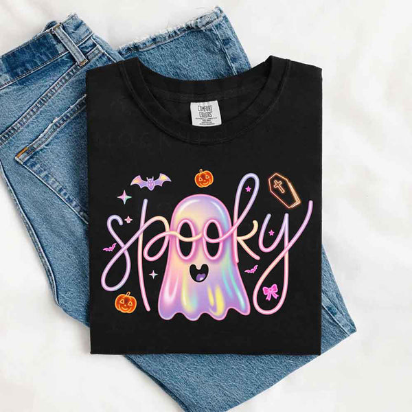 May include holographic ghost with happy face, pastel neon spooky text, pumpkins, bats, coffin, bow, and stars – trendy Halloween graphic tee design.