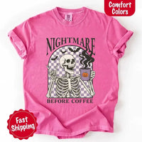 Nightmare Before Coffee skeleton graphic tee featuring skeleton holding a pumpkin coffee mug with steam, bats, and checkered background – funny Halloween coffee shirt.