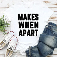 May include a pair of matching couple t-shirts featuring the phrase “Nothing Makes Sense When We’re Apart” in complementary designs. Each shirt displays part of the message, creating a complete look when worn together, symbolizing connection, love, and togetherness.
