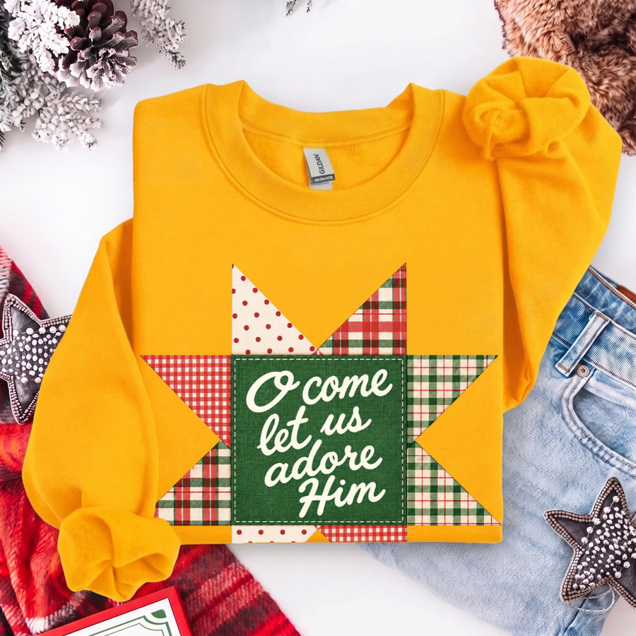 May include an O Come Let Us Adore Him Christmas Unisex Sweatshirt featuring a Christian holiday message inspired by Christmas worship, designed for church services, family celebrations, faith-based gifting, and cozy seasonal outfits.