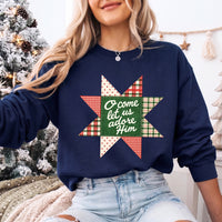 May include an O Come Let Us Adore Him Christmas Unisex Sweatshirt featuring a Christian holiday message inspired by Christmas worship, designed for church services, family celebrations, faith-based gifting, and cozy seasonal outfits.