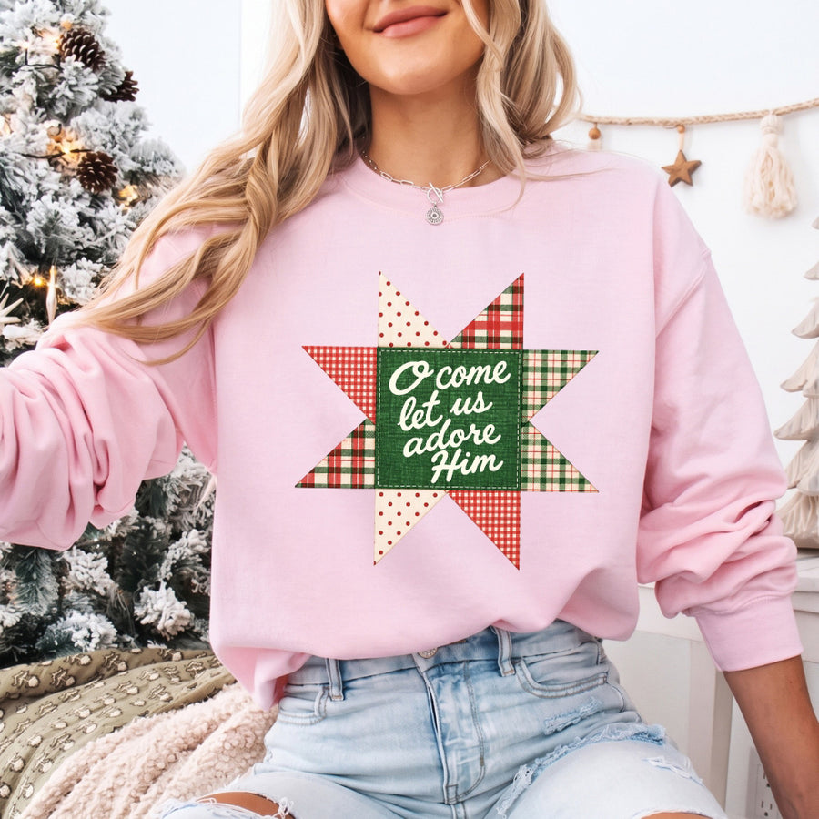May include an O Come Let Us Adore Him Christmas Unisex Sweatshirt featuring a Christian holiday message inspired by Christmas worship, designed for church services, family celebrations, faith-based gifting, and cozy seasonal outfits.