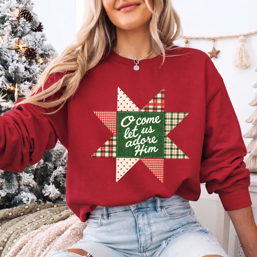 May include an O Come Let Us Adore Him Christmas Unisex Sweatshirt featuring a Christian holiday message inspired by Christmas worship, designed for church services, family celebrations, faith-based gifting, and cozy seasonal outfits.