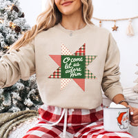 May include an O Come Let Us Adore Him Christmas Unisex Sweatshirt featuring a Christian holiday message inspired by Christmas worship, designed for church services, family celebrations, faith-based gifting, and cozy seasonal outfits.
