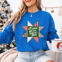 May include an O Come Let Us Adore Him Christmas Unisex Sweatshirt featuring a Christian holiday message inspired by Christmas worship, designed for church services, family celebrations, faith-based gifting, and cozy seasonal outfits.