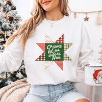 May include an O Come Let Us Adore Him Christmas Unisex Sweatshirt featuring a Christian holiday message inspired by Christmas worship, designed for church services, family celebrations, faith-based gifting, and cozy seasonal outfits.