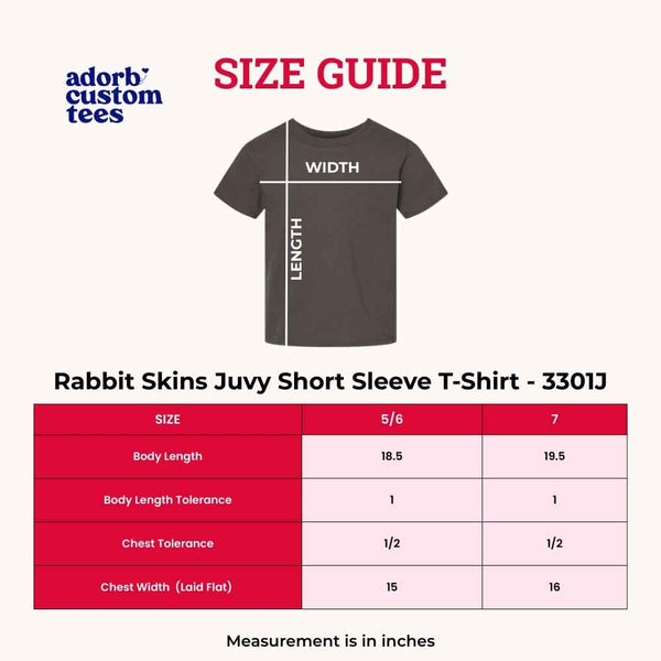 May include Rabbit Skins Juvy short sleeve t-shirt size chart showing measurements for youth sizes, including chest width, body length, and sleeve length.