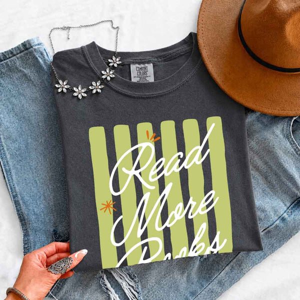 May include Read More Books Comfort Colors t-shirt with book lover graphic, relaxed unisex fit, and garment-dyed cotton