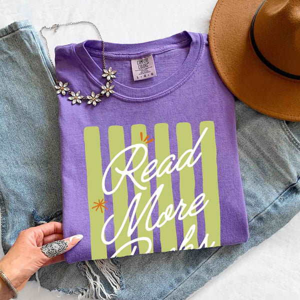 May include Read More Books Comfort Colors t-shirt with book lover graphic, relaxed unisex fit, and garment-dyed cotton