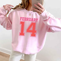 May include a midweight crewneck sweatshirt with a retro FEBRUARY 14 graphic for Valentine’s Day.