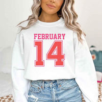 May include a midweight crewneck sweatshirt with a retro FEBRUARY 14 graphic for Valentine’s Day.