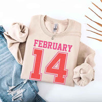 May include a midweight crewneck sweatshirt with a retro FEBRUARY 14 graphic for Valentine’s Day.