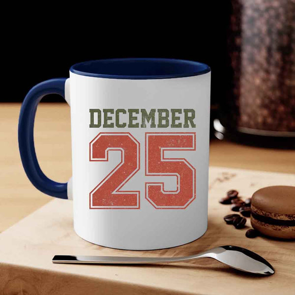 May include a glossy ceramic mug with a retro December 25 Christmas design in traditional holiday colors.