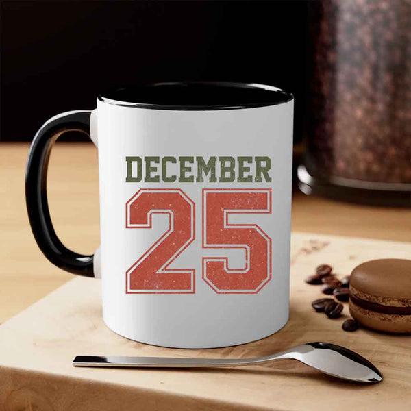 May include a glossy ceramic mug with a retro December 25 Christmas design in traditional holiday colors.