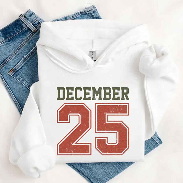May include a retro-style Christmas hoodie with the text December 25 printed in a clean, vintage-inspired design.