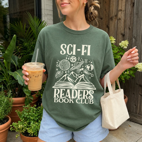 May include Sci-Fi Readers Book Club Comfort Colors t-shirt with science fiction book lover graphic and relaxed unisex fit